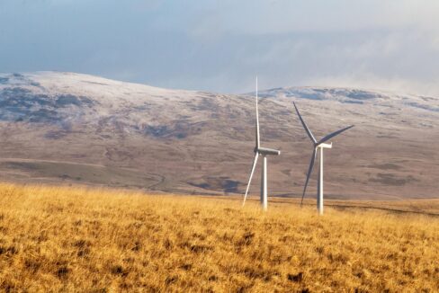 Two wind turbines stand in a golden grassy field, with snow-capped hills in the background under a cloudy sky.
